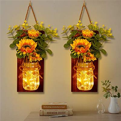 OurWarm Sunflower Mason Jar Sconces Wall Decor Set of 2 Rustic Handmade Hanging Jars with LED Fairy Lights for Home Kitchen Living Room Farmhouse Deco