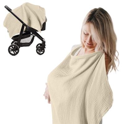 Nursing Cover for Breastfeeding Breathable Cotton Baby Breast Feeding Covers Infant Car Seat Blanket and Stroller Coverall (Khaki)