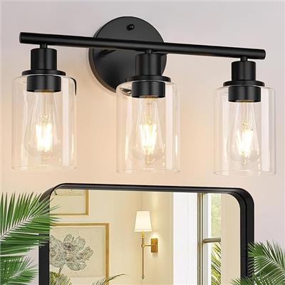 Zarbitta 3-Light Bathroom Light Fixtures, Black Modern Vanity Lights with Clear Glass Shade, Bathroom Wall Lamp for Mirror Kitchen Living Room Hallway
