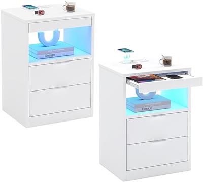 Amazon.com: ADORNEVE LED Nightstands Set of 2, Night Stand with Wireless Charging Station and LED Lights, White Nightstand with Pull-Out Shelf & Drawe