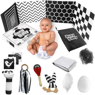DS Brands Black and White Sensory Toys for Babies - Sensory Baby Toys 0-6 Months - Ribbon Ring, Scarf, Sensory Board, Cards, Maracas, Foil Blanket-New