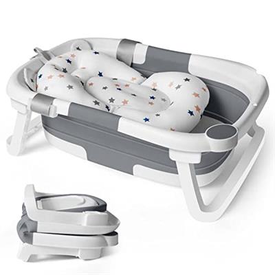 Baby Bath Foldable Tub Collapsible Bathtub Baby Bath Essentials for Newborn with Seat Support Cushion Stand Folding Baths for Toddler 0-12 Months Trav