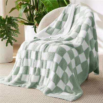 Bedsure Super Soft Knit Throw Blanket - Warm Cozy Reversible Checkerboard Green Blanket, Fluffy Fuzzy Plush Lightweight Print Blanket for Couch Sofa B