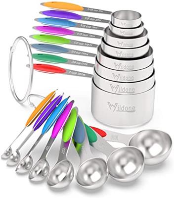 Measuring Cups & Spoons Set of 16, Wildone Premium Stainless Steel Measuring Cups and Measuring Spoons with Colored Silicone Handle, Including 8 Nesti