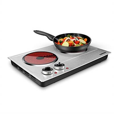 CUSIMAX 1800W Ceramic Electric Hot Plate for Cooking, Dual Control Infrared Cooktop, Double Burner, Portable Countertop Burner, Glass Plate Electric C