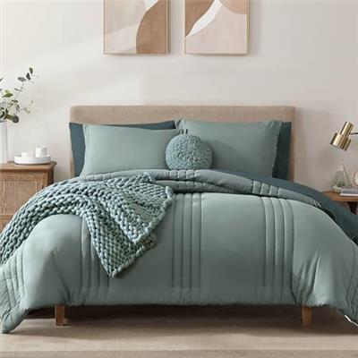 Monbix Queen Size Comforter Sets,Queen Bedding Set 7 Pieces, All Seasons Comforters,Fluffy Bed Set Warm Bed in A Bag Queen with Sheets(Sage Green, Que