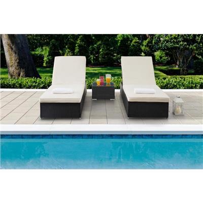 Black 3-Piece Rattan Wicker Adjustable Outdoor Chaise Lounge Chair with Beige Cushions