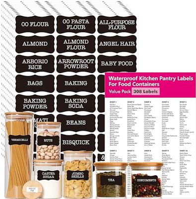 234 Minimalist Kitchen Food Labels, 216 Preprinted Flour Pasta Peas Condiment Oil Stickers, 18 Blank Ones, Waterproof Oil&Tear Resistant, No Residue f