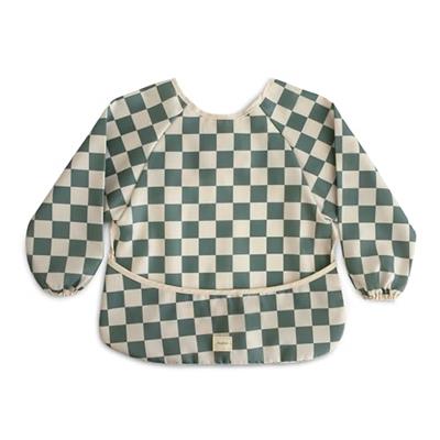 mushie Long Sleeve Baby Bib | Mess Free & Waterproof Fabric for Toddlers | Adjustable Fit for Ages 6-24 Months (Olive Check)