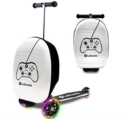 Lascoota Scooter Suitcase, Foldable Scooter Luggage For Kids - Lightweight Ride-on Luggage Scooter with Wheels, LED Lights - Videogame Graphic, Ride-O