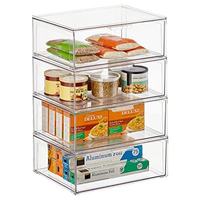 mDesign Plastic Stackable Kitchen Storage Organizer Bin Containers with Front Pull Drawer for Cabinet, Pantry, Fridge, Freezer, Shelf, Refrigerator Or