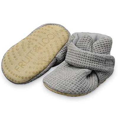 Fruit of the Loom Cozy Thermal Wrap Booties with Non-Skids for Baby Girls, Boys, Unisex - Grey Waffle (0-6 Months)