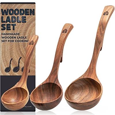 Wooden Ladle Spoon Set, 3 Size Teak Wood Kitchen Serving Spoon with Back Hooks for Pot & Bowl, Non-Stick Wooden Spoon Set for Cooking, Serving and Sti