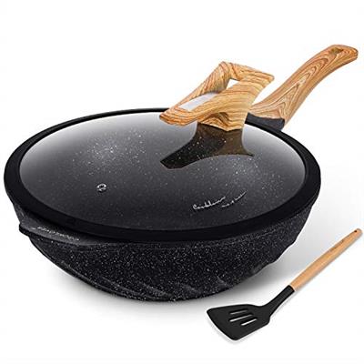 COOKLOVER Nonstick Woks And Stir Fry Pans Die-cast Aluminum Scratch Resistant 100% PFOA Free Induction Wok pan with Lid 12.6 Inch - Black