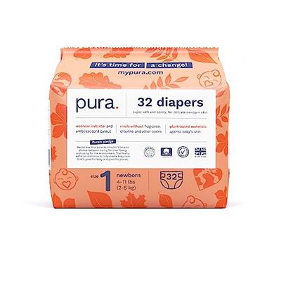Pura Size 1 Eco-Friendly Diapers (4-11lbs) Hypoallergenic, Soft Organic Cotton Comfort, Sustainable, Wetness Indicator, Allergy UK Certified. Newborn