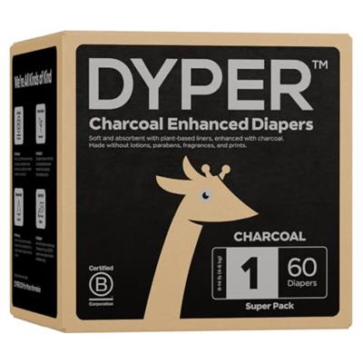 DYPER Charcoal Enhanced Diapers | Baby Diapers from Plant-Based* & Honest Materials | Day & Overnight Diapers | Disposable Diapers for Sensitive Skin