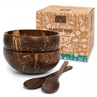 Jungle Culture 2 Polished Coconut Bowl and Wooden Spoons Set with Bamboo Straws • Natural Coconut Smoothie Bowls • Healthy Choice Coco Shell Acai & Bu