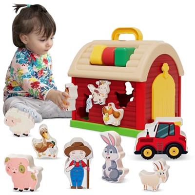 Farm Animals Toys for 1 2 3 Year Old Girls Boys, Take-Along Sorting Barn Toy with Flip-Up Roof and Handle,Sorting And Stacking Montessori Learning Toy