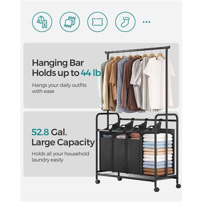 SONGMICS 4-Bag Rolling Laundry Sorter with Hanging Bar Heavy-Duty with Wheels Larger Bags Black