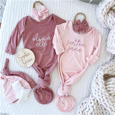 Personalized Bamboo Newborn Baby Knot Gown in Pretty in Pink with Script Font | Caden Lane