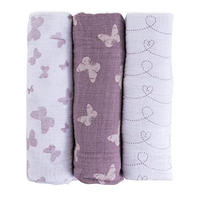 Elys & Co. Muslin Swaddle Blanket 100% Soft Muslin Cotton 3 Pack 47x 47 (Lavender Butterfly)