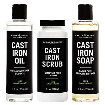 CARON & DOUCET - Ultimate Cast Iron Set: Seasoning Oil, Cleaning Soap & Restoring Scrub | 100% Plant-Based & Best for Cleaning Care, Washing, Restorin