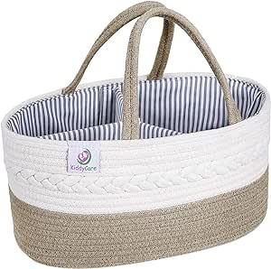 KiddyCare Woven Diaper Nappy Caddy Basket with Handle Lid | Diaper Caddy Basket with Dividers for Baby Boy/Girl, Diaper Tote Bag for Bady Storage for