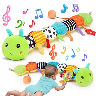Baby Sensory Toy 0-3 Month Music Animal Stuffed Plush Caterpillar Toy for Infant 0-3-6 Month Tummy Time with Baby Mirror Crinkle Rattle for 6-12 Month