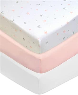 American Baby Company 3 Pack Fitted Crib Sheets 28 x 52, Soft Breathable Neutral 100% Cotton Jersey Sheet, Pink Stars/Blush/White, for Boys and Girl