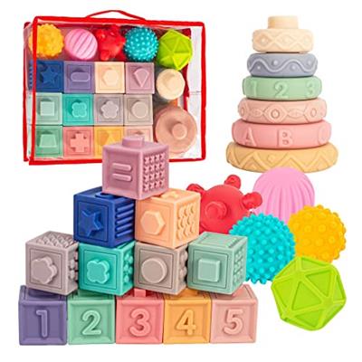 Springflower 3 in 1 Montessori Toys for Babies 0-3-6-12 Months, Soft Baby Teething Toys, Stacking Building Blocks for Infants, Sensory Developmental E