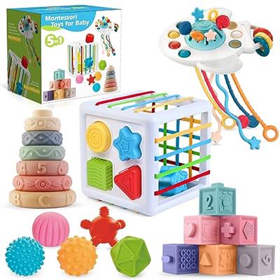 5 in 1 Montessori Toys for Babies 0-3-6-12 Months, Soft Baby Teething Toys, Sensory Bin Toy, Stacking Building Blocks & Rings for Infants,Developmenta
