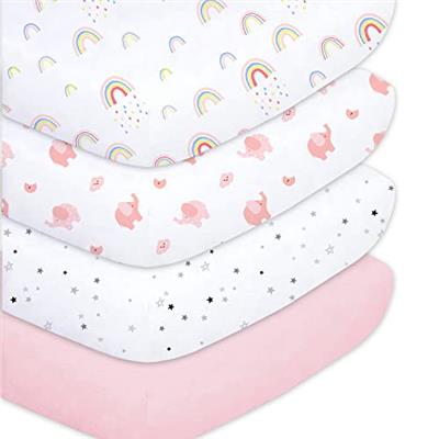 Plushii Crib Sheets for Baby Girls 4 Pack, 28x 52 Extra Soft Microfiber Crib Sheet Set for Standard Crib & Toddler Mattress Pad, Rainbow & Elephant