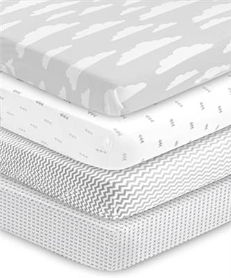 BaeBae Goods Premium Crib Sheets for Baby Boys and Girls, 4 Pack, Soft and Breathable Jersey Knit Fitted Sheet Set, Grey and White, Cute Gender Neutra
