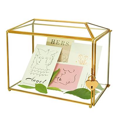 Wedding Gold Glass Card Box with Lock and Slot - Wedding Envelope Card Holder for Reception Handmade Gold Decorative Glass Terrarium, Party Centerpiec