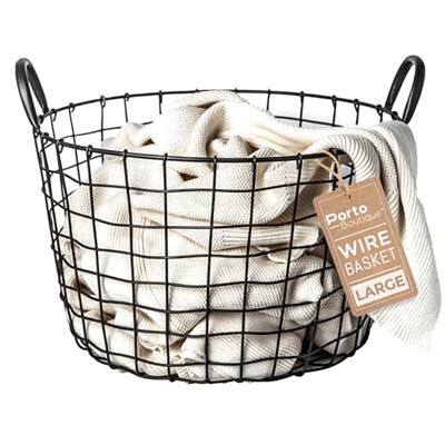 Porto Boutique Large Wire Basket - Round Grey Metal Storage Container - Ideal Wire Basket for Blankets - Durable Blanket Basket Metal Design