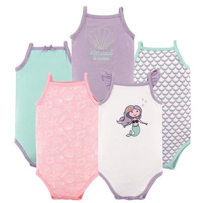 Hudson Baby Infant Girl Cotton Sleeveless Bodysuits 5 Pack, Mermaid