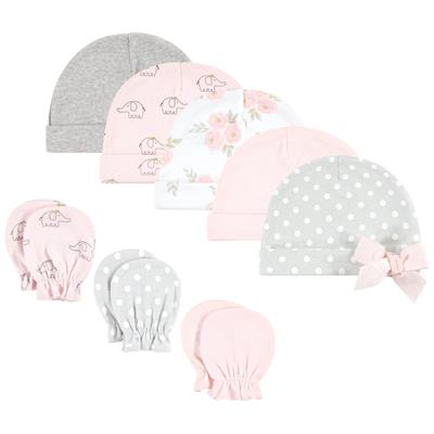 Hudson Baby Infant Girl Cotton Cap and Scratch Mitten Set, Pink Gray Elephant, 0-6 Months