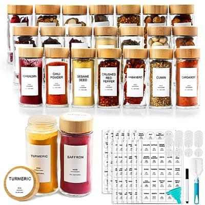 AISIPRIN Glass Spice Jars with 398 Labels-4oz 24 Pcs,Round Seasoning Jars with Bamboo Airtight Lids,