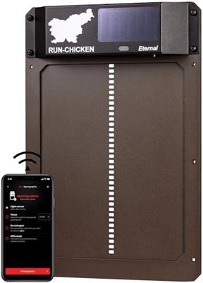 RUN-CHICKEN Door (Brown) Solar Powered Automatic Chicken Coop Door, Battery Operated, Programmable Electric Chicken Run Door Opener with Timer, Light