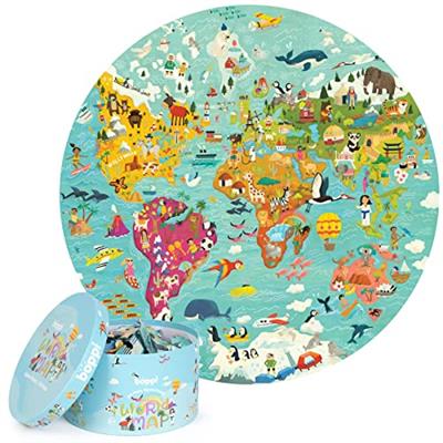 boppi World Map Round Jigsaw Puzzle with 100% Recycled Card 150 Pieces with Animals for Children 5 6 7 8 Years 58cm Diameter