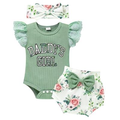 ZOELNIC Baby Girl Clothes Infant Summer Outfits Set Ruffle Short Sleeve Top+Flower Print Shorts+Bow Hairband 3 Pcs Set(Green,0-3M)