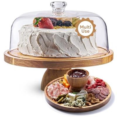 Homesphere Acacia Wood Cake Stand with Lid - 12in Round Cake Holder, 2-in-1 Dessert Table Display Set & Charcuterie Board for Cheese, Chips & Dips, Na