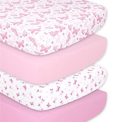 The Peanutshell Pink Butterfly Crib Sheet Set for Baby Girls, 4 Pack