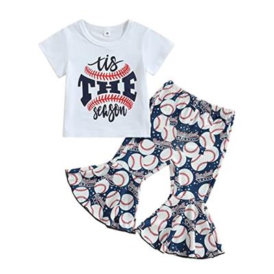 Toddler Baby Girl Baseball Outfit Letter Short Sleeve T-Shirt Tops Bell Bottoms Pants Summer Baseball Clothes (White Baseball Flare Pants Set,6-12M)