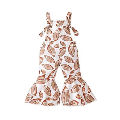 Chloefairy Toddler Baby Girl Football Outfit Bell-Bottom Jumpsuit Romper Bibs Overalls Playsuit Suspender Flare Pants Outfit (White Brown, 12-18 Month
