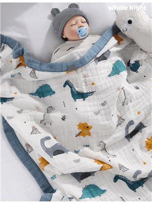 1pc Newborn 6 Layers Muslin Baby Blanket For Stroller Soft Absorbent Bath Towel, 110*110cm Blue Dinosaur Pattern Swaddle Wrap Suitable For 0-8 Years O