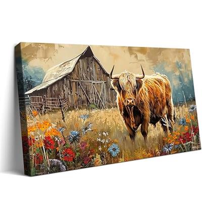 Cow Pictures Wall Decor Highland Cow Canvas Wall Pictures Farmhouse Wall Art Cow Canvas Wall Art Large Rustic Art Painting Cottage Highland Cow Decor