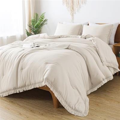 Andency Queen Comforter Set Beige, 3 Pieces Boho Lightweight Fluffy Bedding Comforters & Sets, Soft Tassel All Seasons Bed Set Gift Choice (90x90In Co