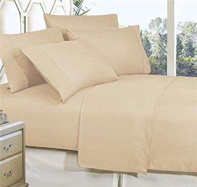 CELINE LINEN Best, Softest, Coziest Bed Sheets Ever! 1800 Premier Hotel Quality Wrinkle-Resistant 4-Piece Sheet Set with Deep Pockets, Queen Cream/Tan