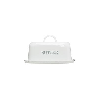 White Enameled Steel Butter Dish with Black Rim